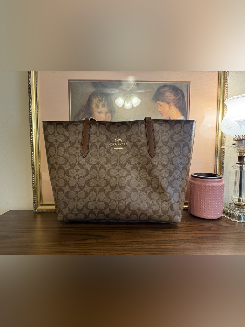 Coach Avenue Brown Signature Logo Tote with Leather Straps
